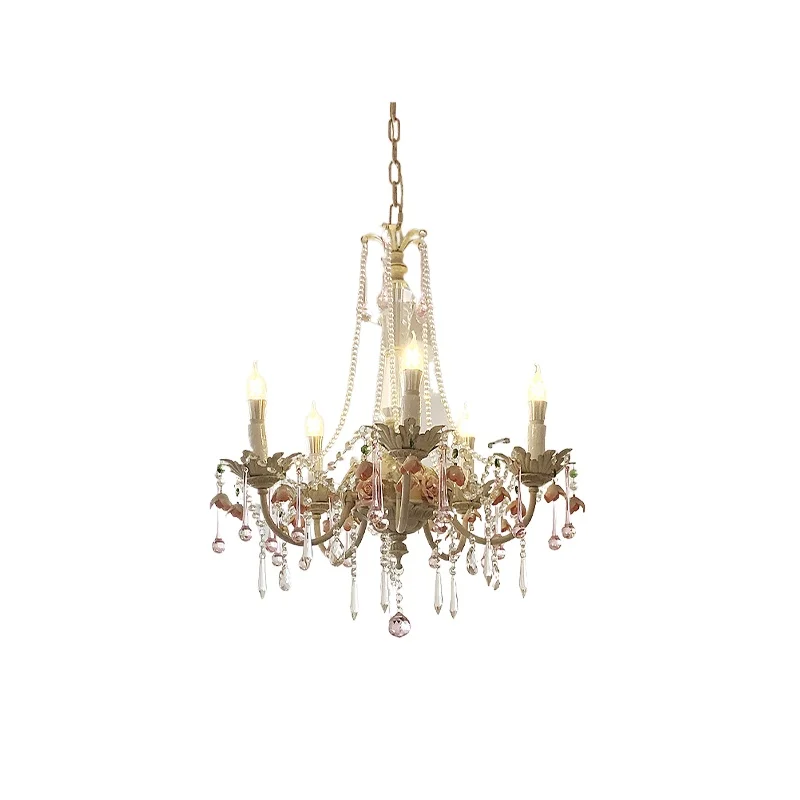 

French living room rose crystal chandelier, modern light luxury American flower bedroom children's room