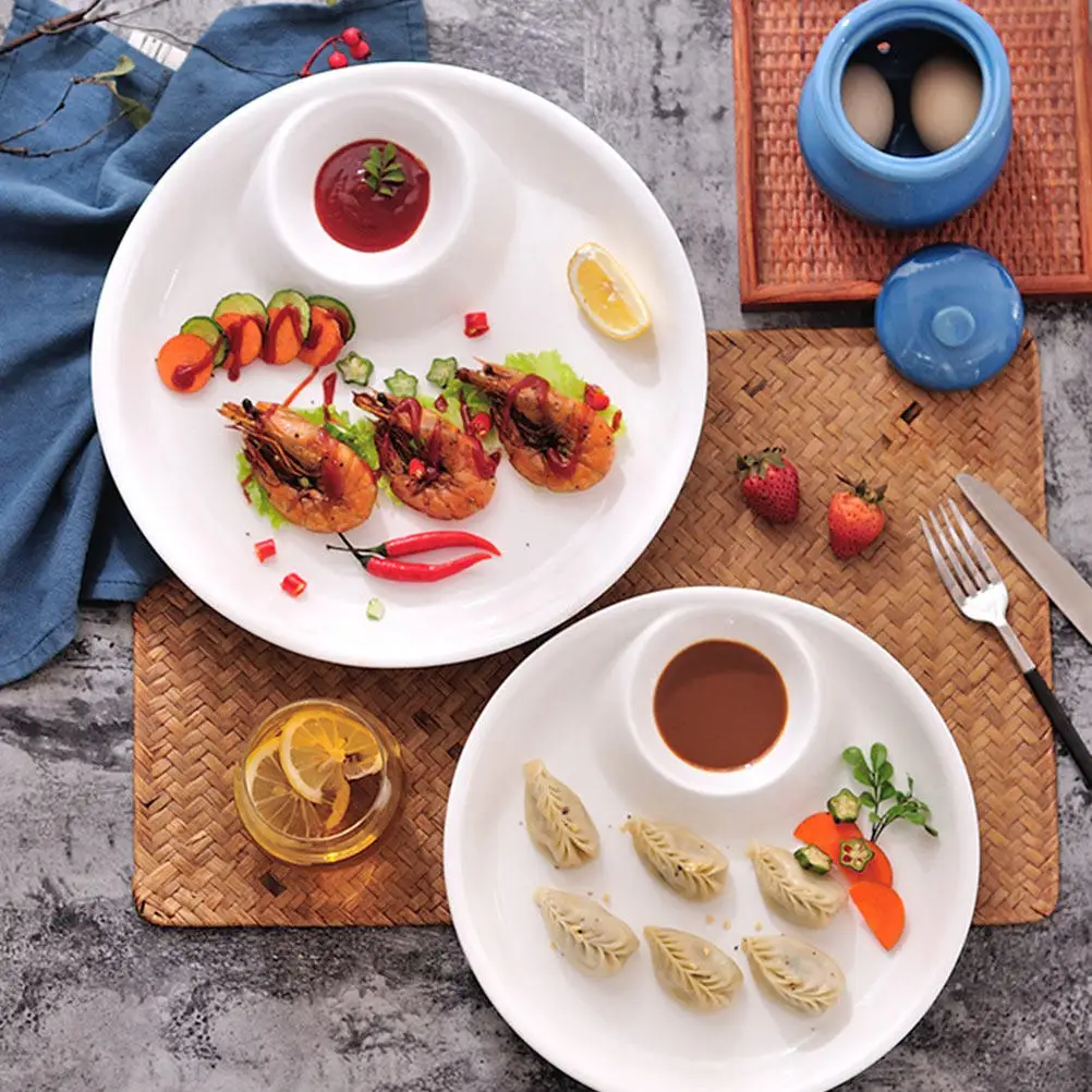 

1 шт. Простая керамическая тарелка для еды, многофункциональная сервировочная тарелка со встроенной чашечкой для соуса, для суши, закусок, предварительных блюд, для повседневного использования