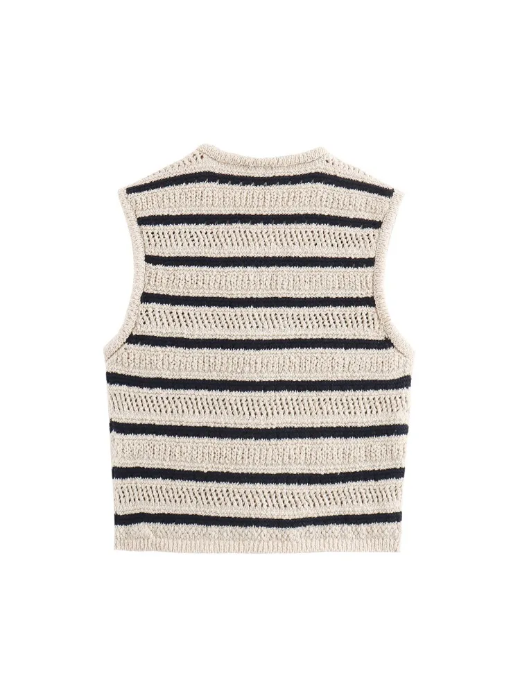 Women\'s Fashion Stripe Knit Top 2024 Female High Street V-neck Sleeveless Front Button Versatile Female Chic Vest