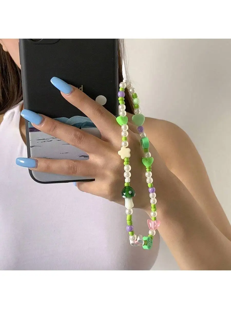 

Handmade Beaded Phone Chain With Mushroom Charm Green White Purple For Adult Smartphone