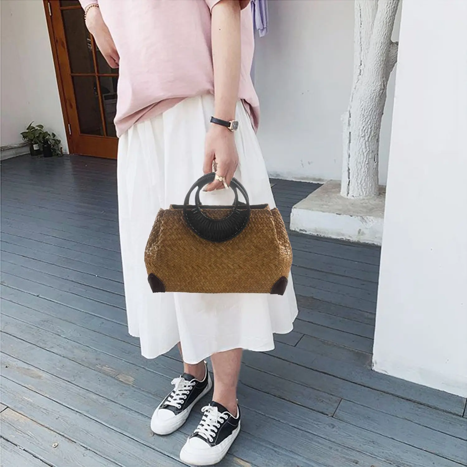 AA26P Women Straw Bags Female Bamboo Summer Beach Weave Handbag Lady Handmade Vintage Wood Handle Bag Travel Knitted Totes Bags