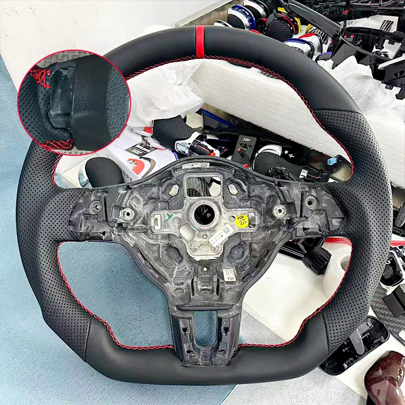 Geschikt voor Volkswagen Golf 6 MK6 GTI R R-Line, opgewaardeerd custom stuurwiel met rode stiksels, lederen bekleding, geperforeerd en vlakke onderkant.