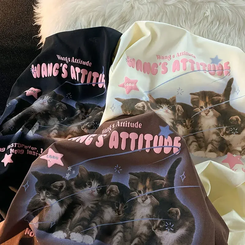 Puur Katoenen Zomer Schattige Kat T-Shirt Met Korte Mouwen-Japanse Retro Zoete Halve Mouwen Student Top - Ins Y 2K-Stijl