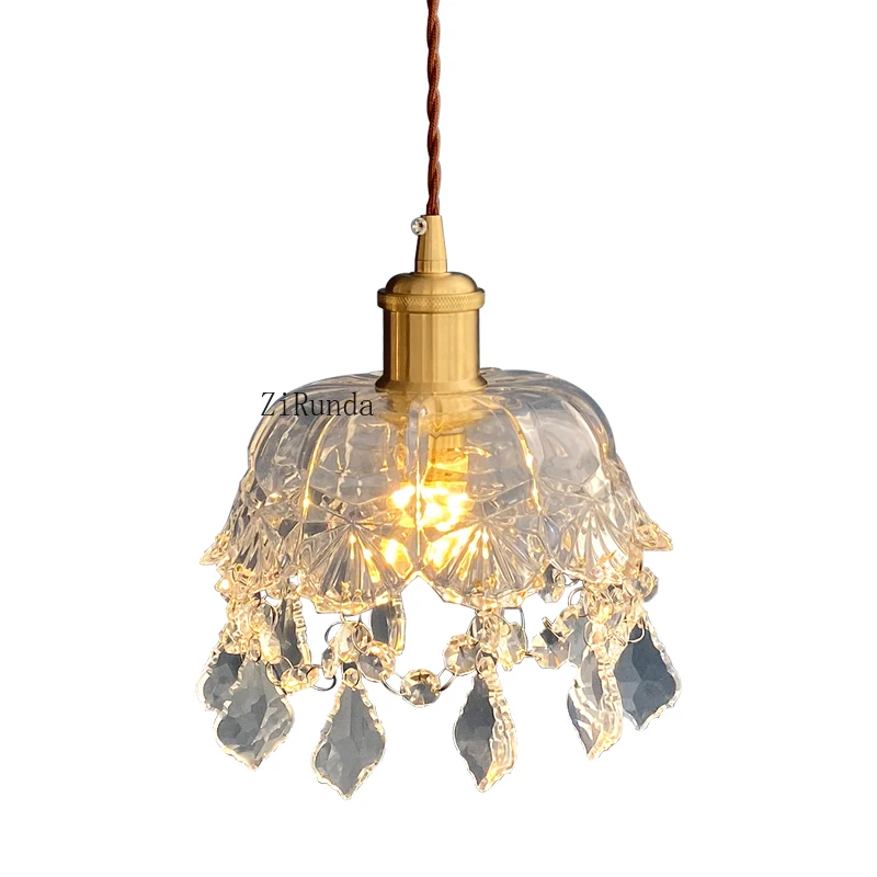 

Brass glass engraved retro suction chandelier restaurant cloakroom single head crystal small chandelier