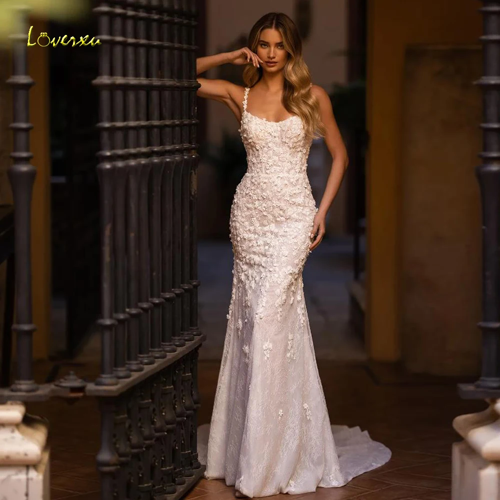 

Loverxu сексуальные свадебные платья русалки с вырезом лодочкой на тонких бретельках Vestido De Novia, очаровательное свадебное платье с кружевом и бисером на заказ