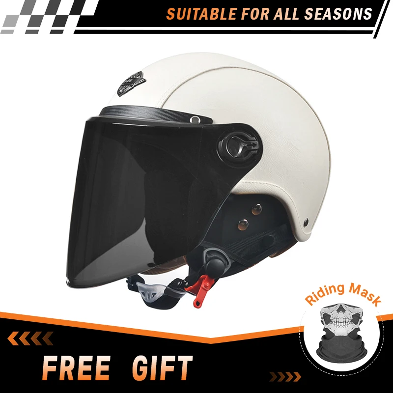 dot承認済み-ジェットヘルメット-レザー-オープンフェイスヘルメット-hdバイザー-安全-バイクヘルメット-3-4オープンハーフヘルメット-男女兼用-四季対応