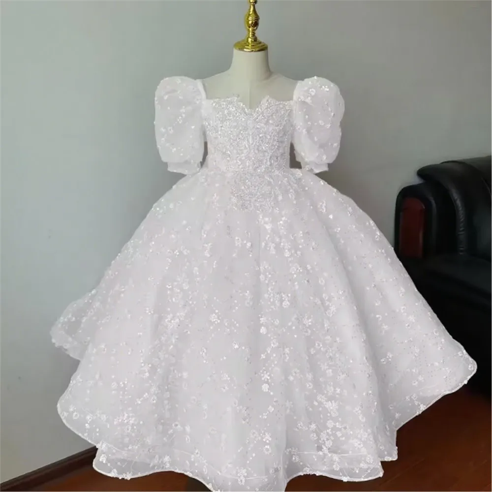 فستان فتاة الزهور اللامع لحفلات الزفاف مطرز بالترتر بطول الشاي للفتيات والأطفال وحفلات أعياد الميلاد الأولى بالتواصل المقدس حسب الطلب #5