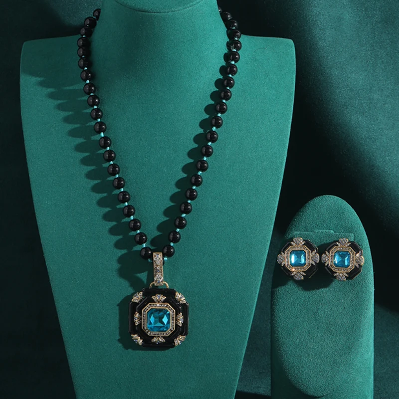 

Vintage Sea Blue Crystal Necklace Set Beads Chain Black Enamel Square Earrings Woman Accessories Luxury High Quality 2025 New