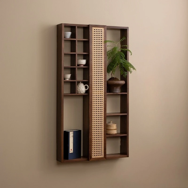 Solid Wood Multi-Tier Display Shelf, Living Room and Tea Room Wall Cabinet, Wall-Mounted Antique Rack, Tea Cup Organizer