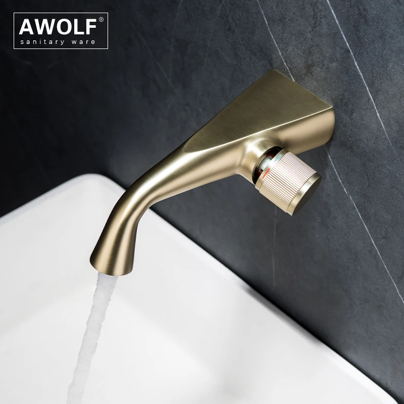 

Bathroom Basin Sink Faucet Brushed Gold Solid Brass Wall Mounted White Grey Single Handle Cold and Hot Mixer Tap Chrome ML8140