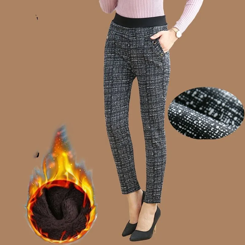 Women\'s Autumn and Winter Fashion Elegant Plaid Stripe Pocket Casual Plush Thickened Elastic High Waist Long Straight Leg Pants