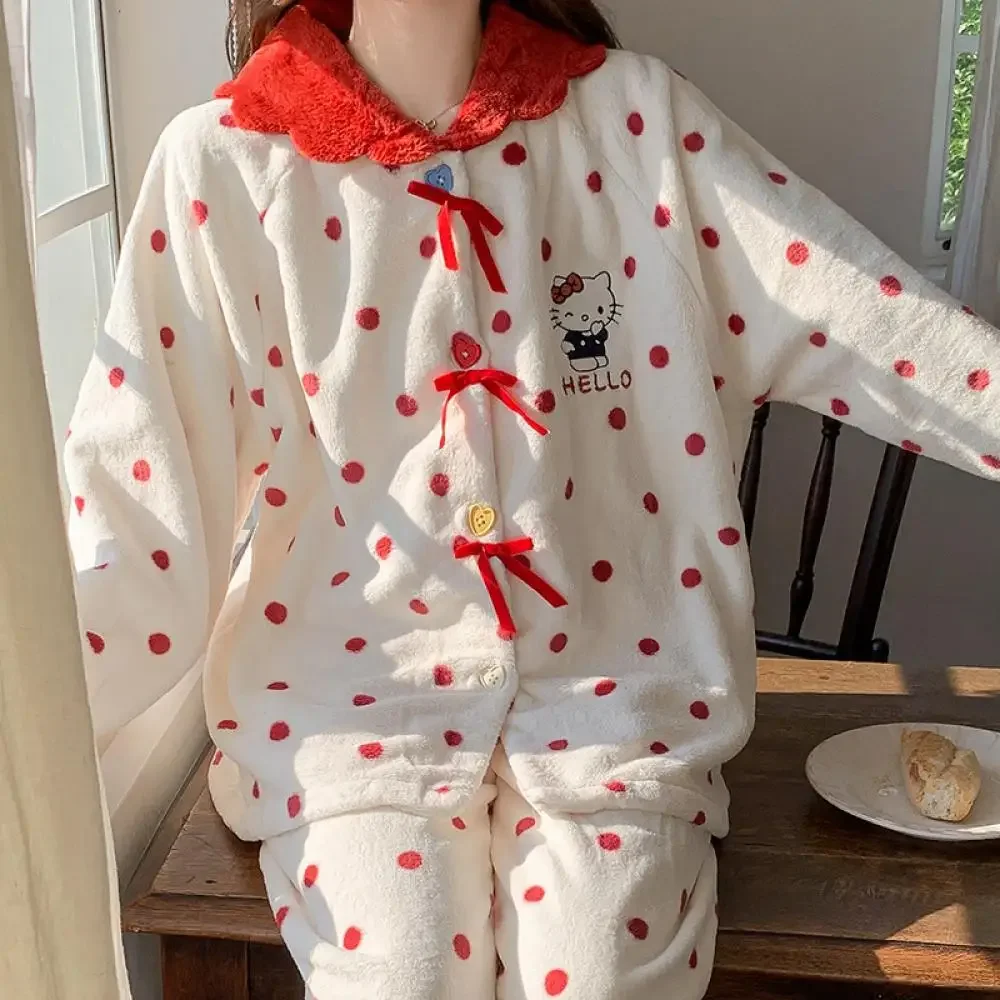 2Pcs Women Plush Pajamas Suit Cartoon Hello Kitty Sanrioed Cute Anime Kawaii Winter Warm Sweet Girls Cute Loungewear Homewear