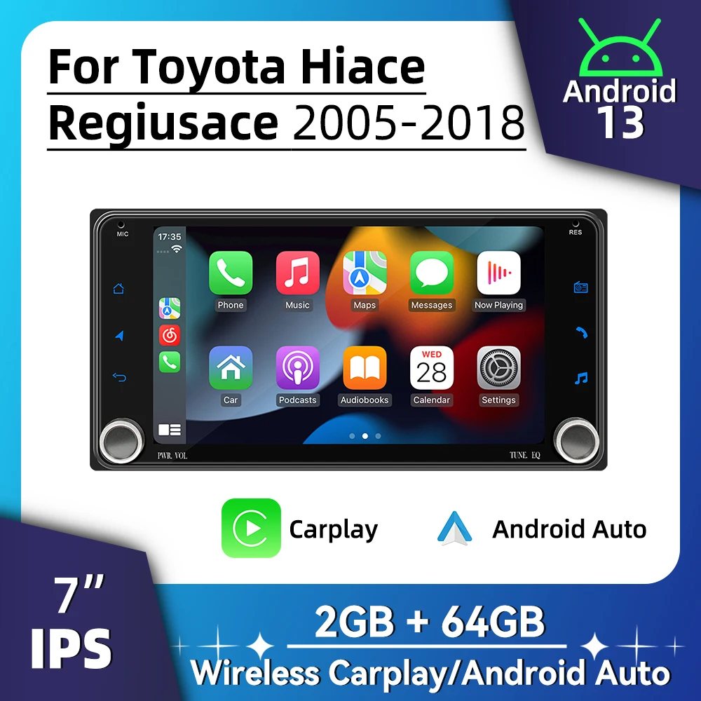

Автомобильное радио 7 дюймов Android 2 Din для Toyota Hiace Regiusace Regius Ace 2005-2018, беспроводной Carplay, Android Auto, мультимедийная стереосистема