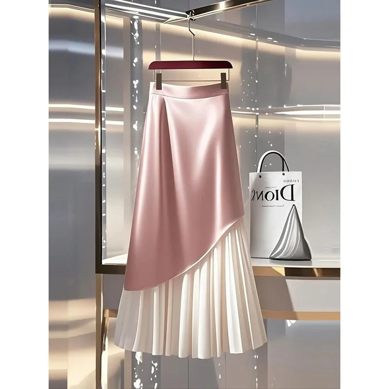 

Женская весенне-летняя модная лоскутная тонкая атласная юбка с высокой талией, женская элегантная темпераментная универсальная трендовая юбка трапециевидной формы