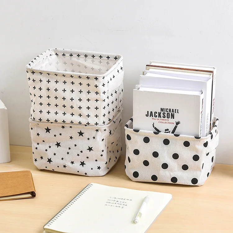 Black Dot Cotton and Linen Table Storage Basket Cosmetics Fabric Storage Box