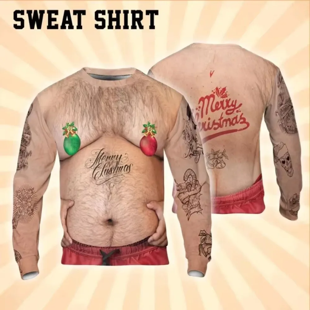 Men Funny 3D Fake Body Tattoo Print Long Sleeve T Shirt, Ugly Christmas Sweater Style Merry Christmas Graphic Novelty Party Tops