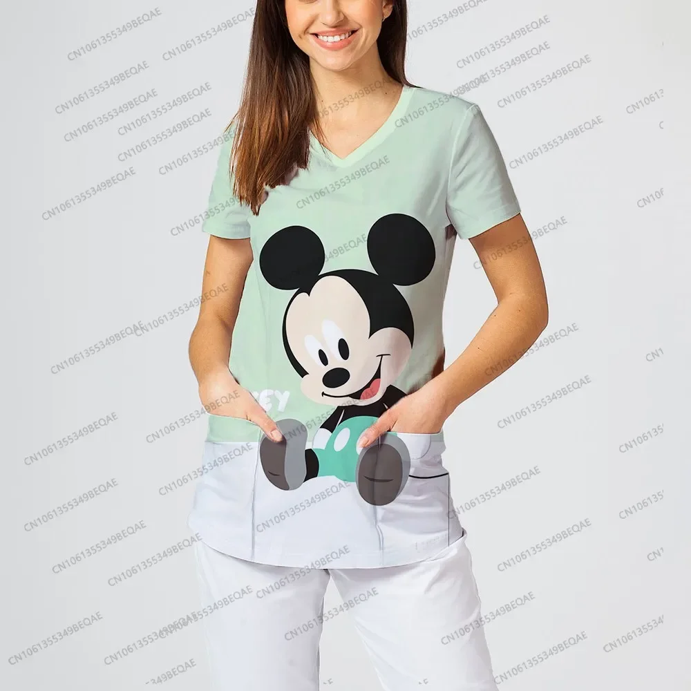 

Летняя повседневная женская рабочая форма Disney с Микки Маусом, футболки с короткими рукавами и v-образным вырезом, стиль Y2k, модная женская одежда