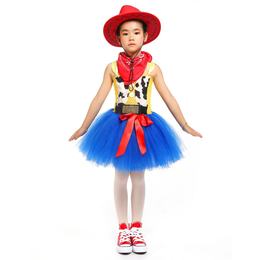 Kid Woody Jessie Cosplay Costume Cowgirl Girls Tutu Dress with Hat Scarf Set Outfit Fancy Tulle Birthday Party Dress Costume