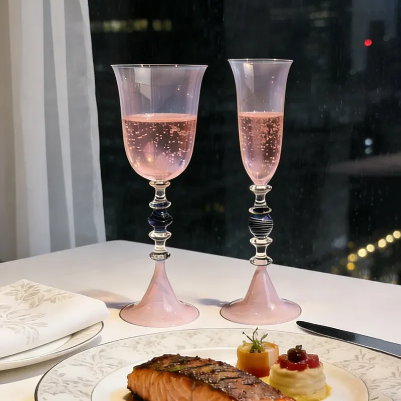 Handmade Glass Pink Champagne Cup Elegant Creative Stemmed Wine Glass Banquet Home Table Decoration Home Aesthetics Drinkware