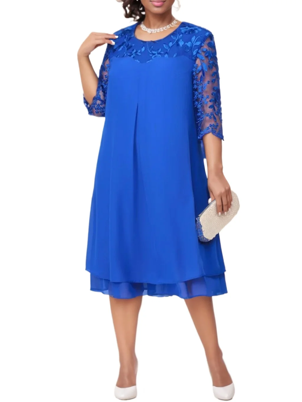 

Elegant Round Neck Lace Chiffon Knee Length Plus Size Dress With Half Sleeves