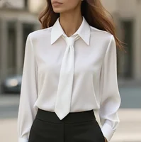 Camisa de trabajo de satén elegante y elegante para mujer, Tops regulares con cuello de camisa de manga larga informal y moderno liso