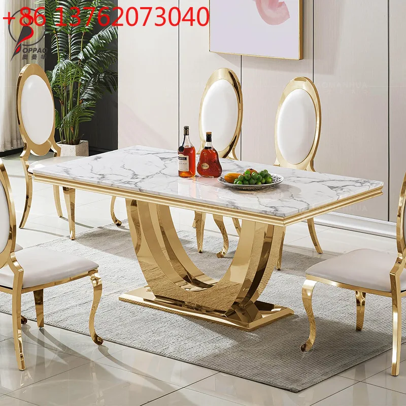 

Современный прямоугольный обеденный стол из нержавеющей стали с мраморной столешницей, в стиле гонконгской легкой роскоши, для дома.