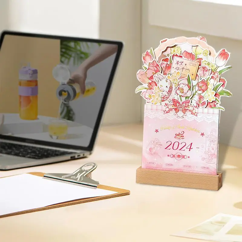ปฏิทินตั้งโต๊ะแบบ2024ออกแบบดอกไม้แผ่นบันทึกปฏิทินรายเดือนปฏิทินบ้านแบบสร้างสรรค์ถอดออกได้สำหรับชาวดอร์ม.