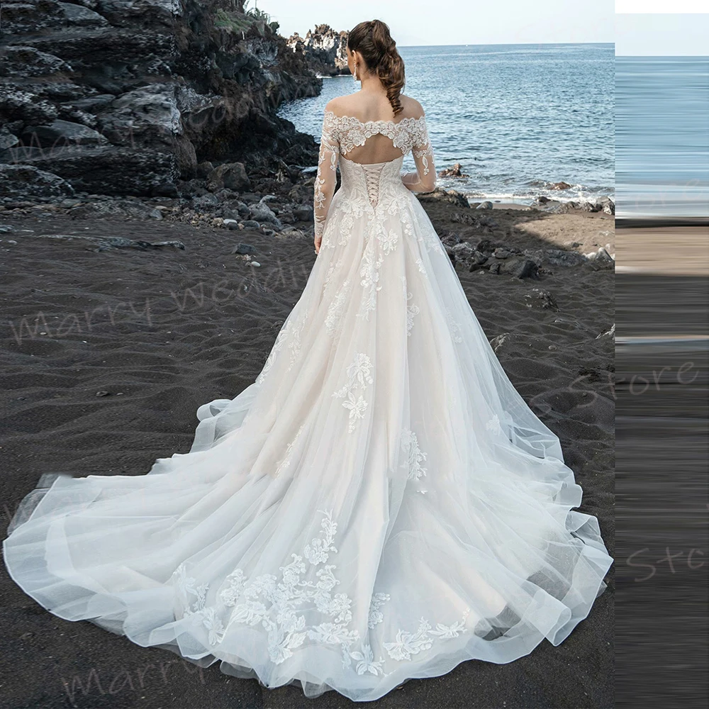 Luxurious A Line Women's Wedding Dresses Exquisite Appliques Lace Up Bride Gowns Modern Boat Neck Long Sleeve Vestidos De Novia