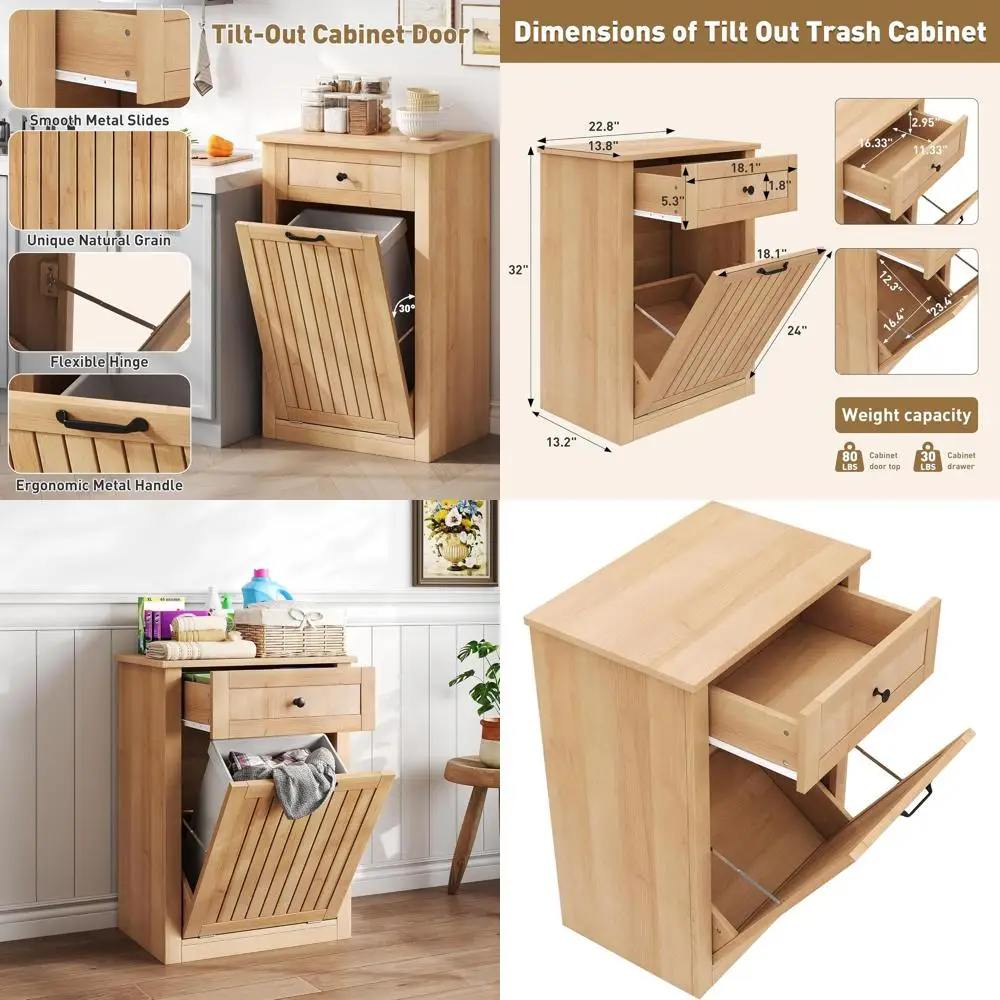 

10 Gallon Hidden Trash Can Cabinet for Kitchen, Living Room, Bathroom, and Laundry - Natural Wood Finish