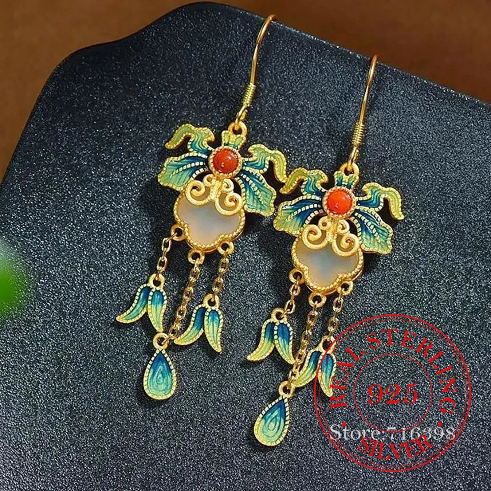 

925 Sterling Silver Jewelry Long Tassel Natural Jade Lucky Plant Drop Earrings for Women Wedding Party Jewelry Girls Friend Gift