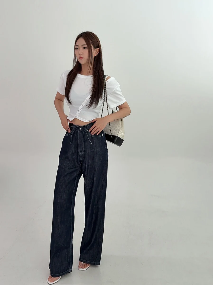 

Chic Retro Waed High Waist Loose Dstring Slimming Straight Leg Casual Long Jeans for Women with Bright Stitching