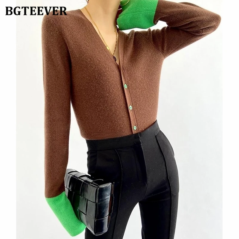 BGTEEVER Autumn Slim V-neck Ladies Knitted Cardigans Stylish Patchwork Long Sleeve Single-breasted Sweaters for Women