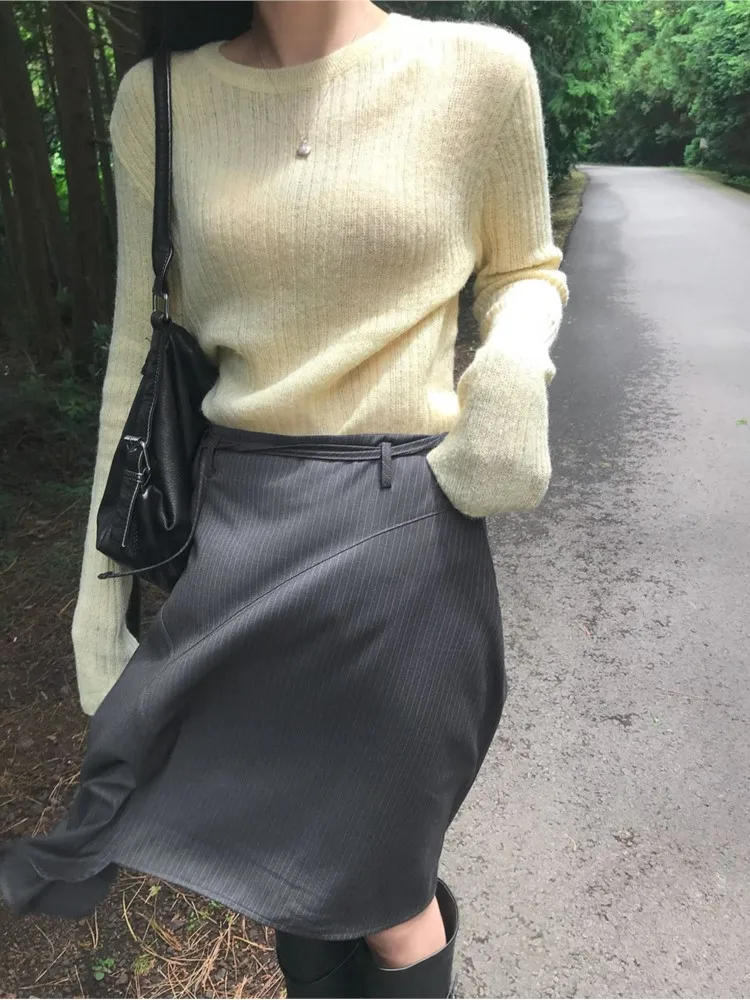 

Korean Sle Fasionable Draped Asymmetrical Striped Lace-up Length Skirt Women High Waist A-line Skirts Ele Casual Grey Half Dress