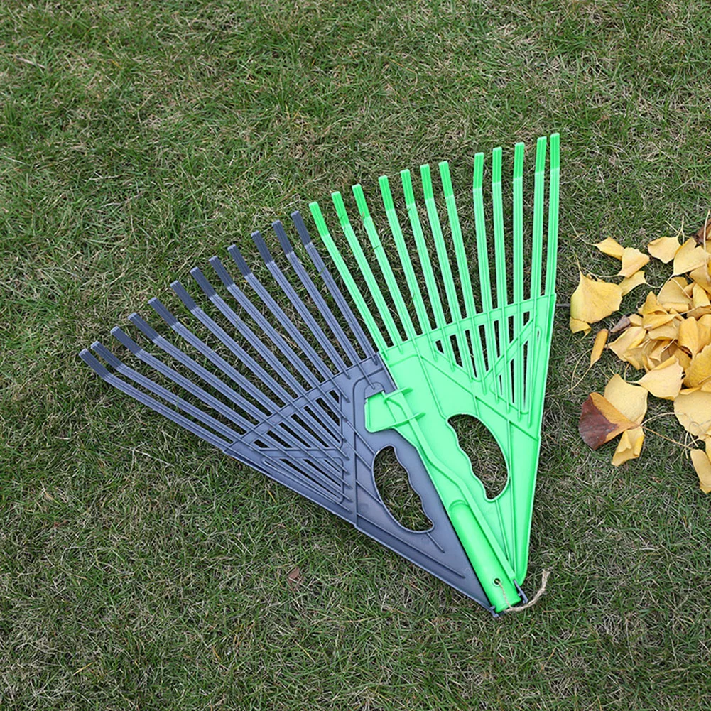Lawn Care Rake for Gathering Leaves and Grass Clippings Quickly Using Wide Fan Tine Arrangement and Sturdy Shaft Support