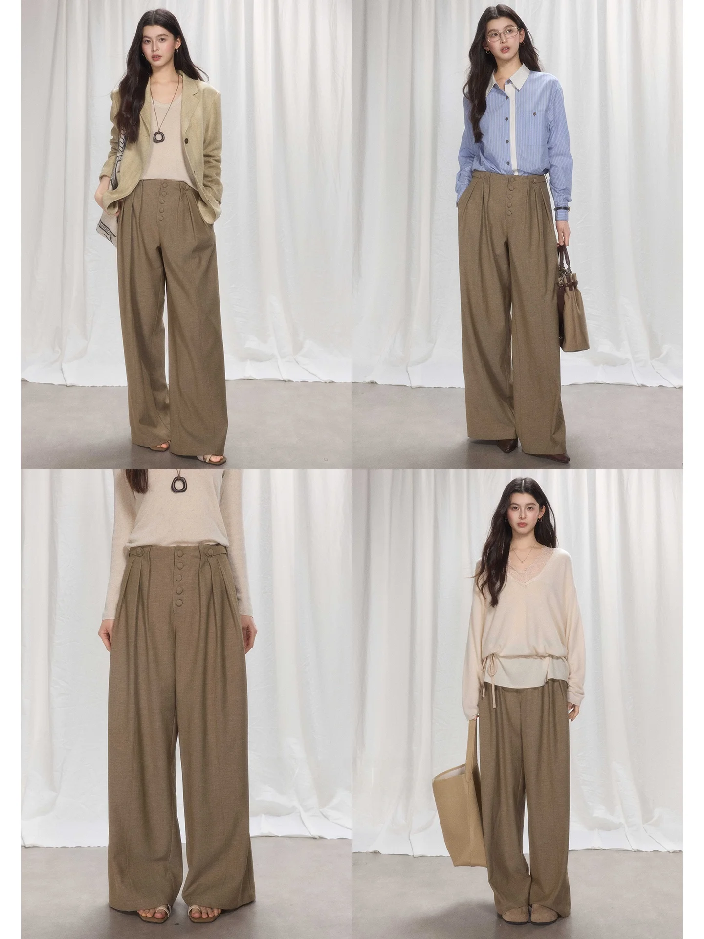 

Unique Buttoned Pleated Commuter Casual Pants Women's Loose Wide Leg Pants High Waist Polyester Cotton Linen Blend