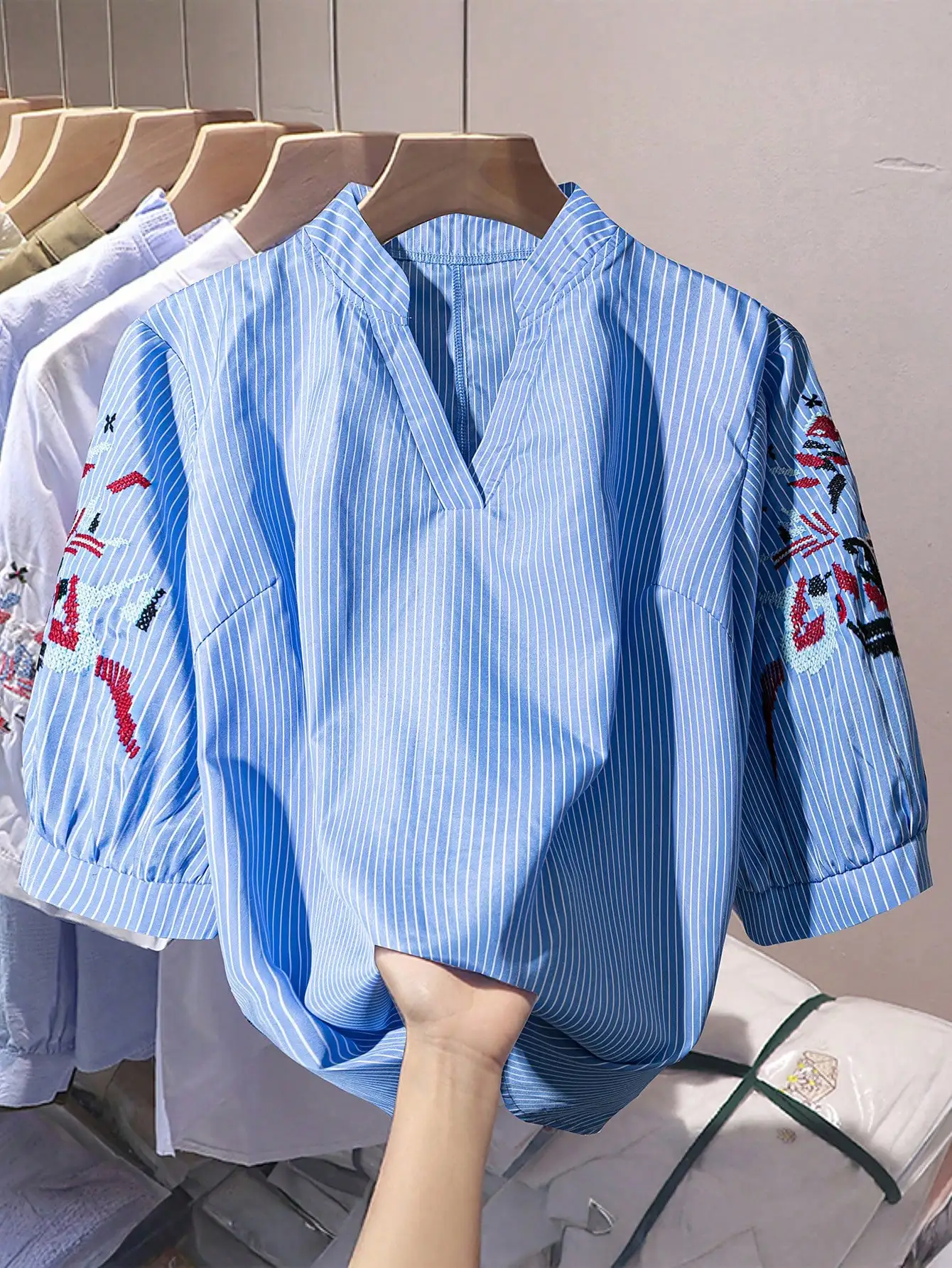 

Blue Striped Embroidered V-Neck Short Sleeve Blouse Casual Work Plus Size Women