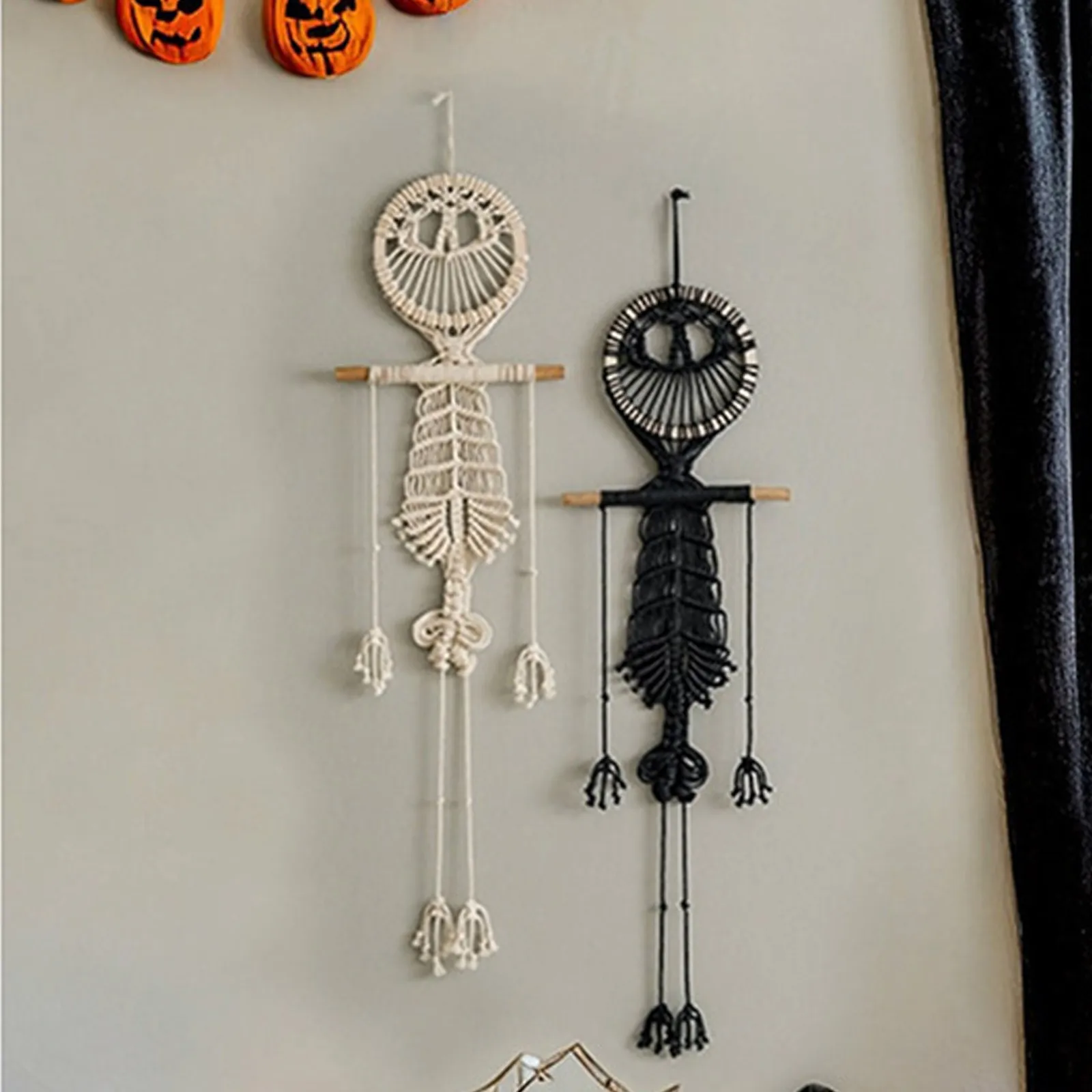 1PC Unique Skull Tapestry Macrame Handwoven Carpet Skeleton Hanger Halloween Decor Creative Tassel Pendant Wall Hanging Decor