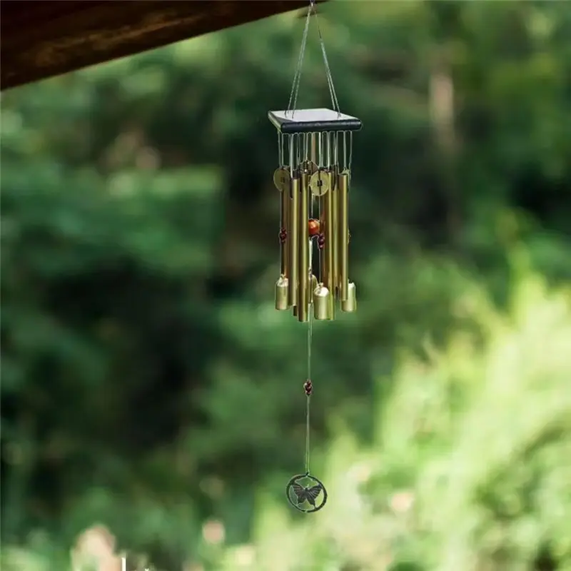 A55F-Decorative Wind Bell 26Inches Wooden Wind Bells Outdoor Wind Chimes Melody Sympathy Garden Decor Copper Butterfly Deep