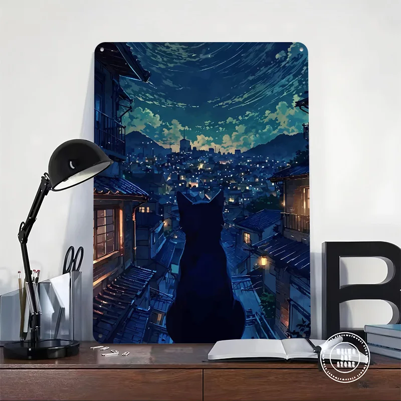 Cat on Rooftop Japanese Night City Poster Customized Wall Art Vintage Metal Signs Retro Tin Plaque for Man Cave Bathroom Decor
