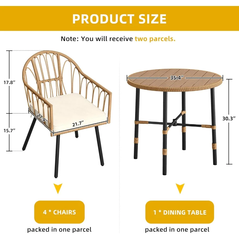 Ensembles de salle à manger de patio 5 pièces, ensemble de meubles de salle à manger d'extérieur avec trou pour parasol de 2 ", ensemble de table ronde et de chaises en osier et rotin avec Co