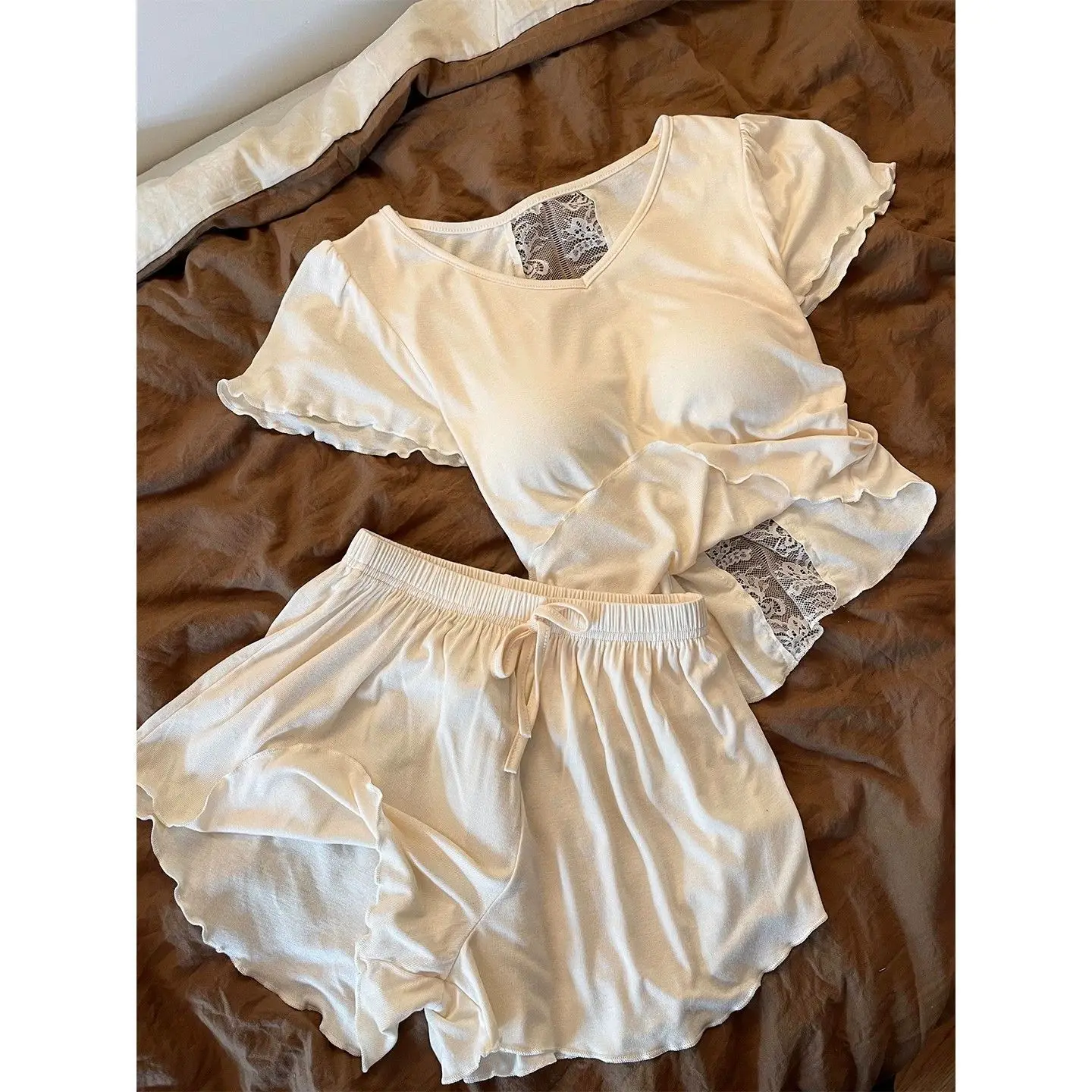 2026 Summer New Sexy Lace Hollow out Short Sleeve Sleepwear Women's Skin-friendly Home Clothes Set with Chest Pad Breathable ...
