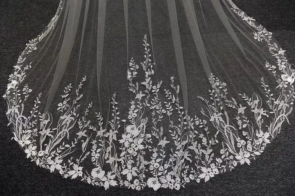 White Ivory sparkling Long Bridal Veils Wedding Veil All Lace Appliques Soft Net Cathedral Veil velos de novia  voile de mariée