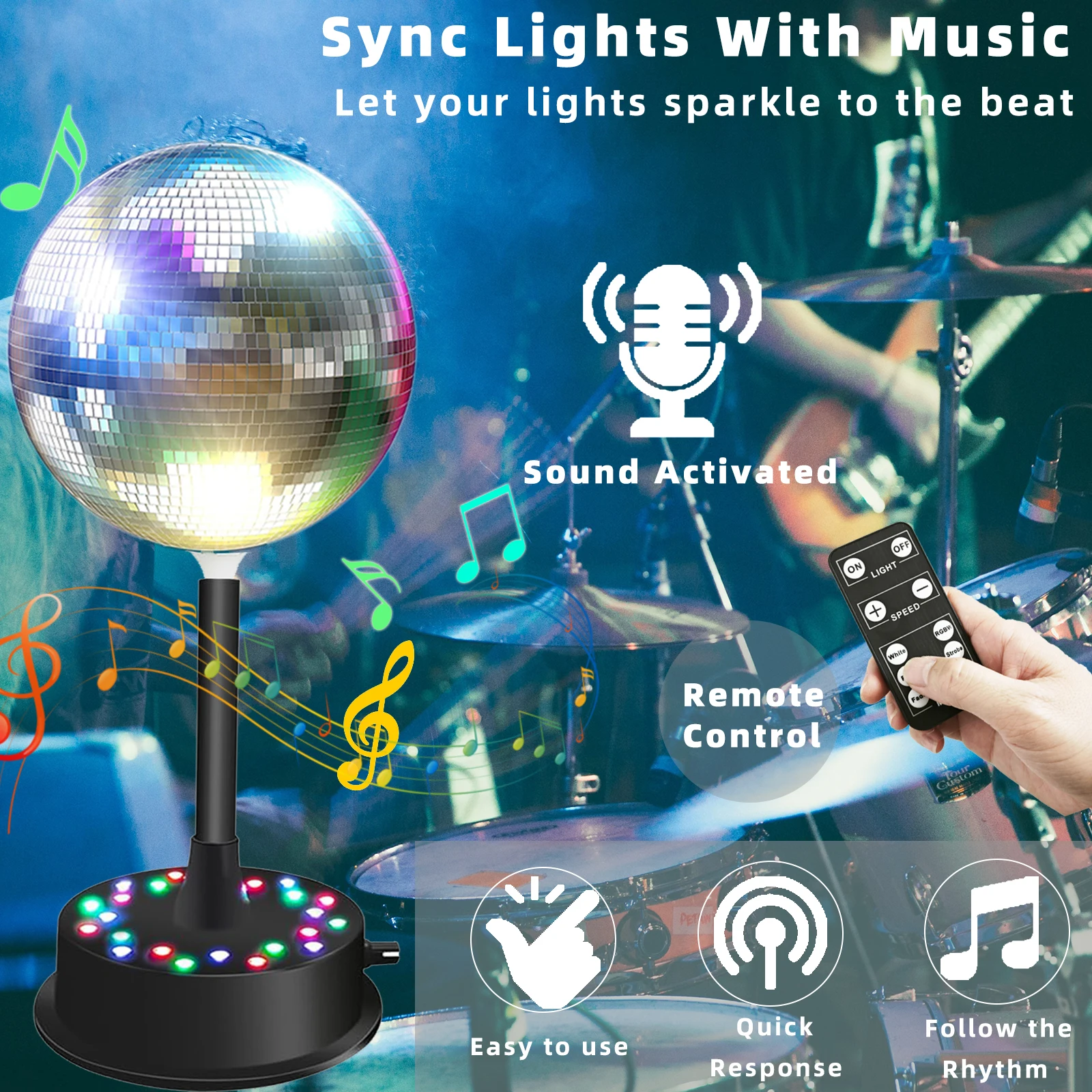 كرة مرايا مع جهاز تحكم عن بعد، 23 RGBW LED محرك دوار قابل للتعديل 5-10 دورة في الدقيقة مع كرة مرآة فضية 6 بوصة