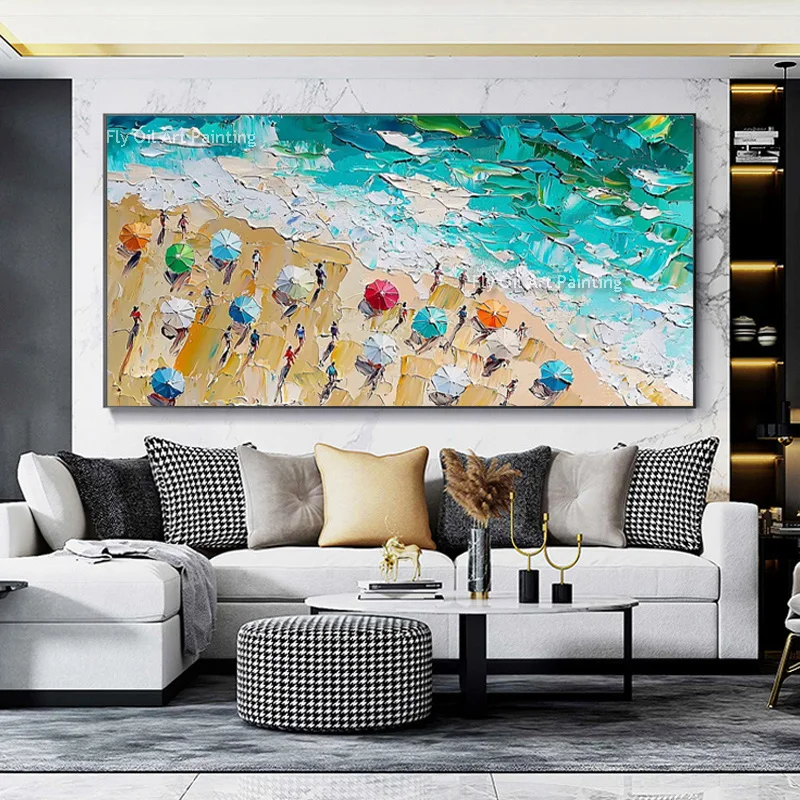 Handmade Blue White Sea Brown Beach Thick Oil Painting On Canvas Modern People Play On The Beach Wall Art Seascape Artwork Decor