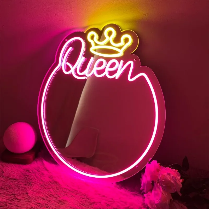 Specchio Led Neon Light Queen Neon Sign Girls Room Wall Decor Lamp Bedroom Decor Neon Mirror Party Decoration regalo di compleanno