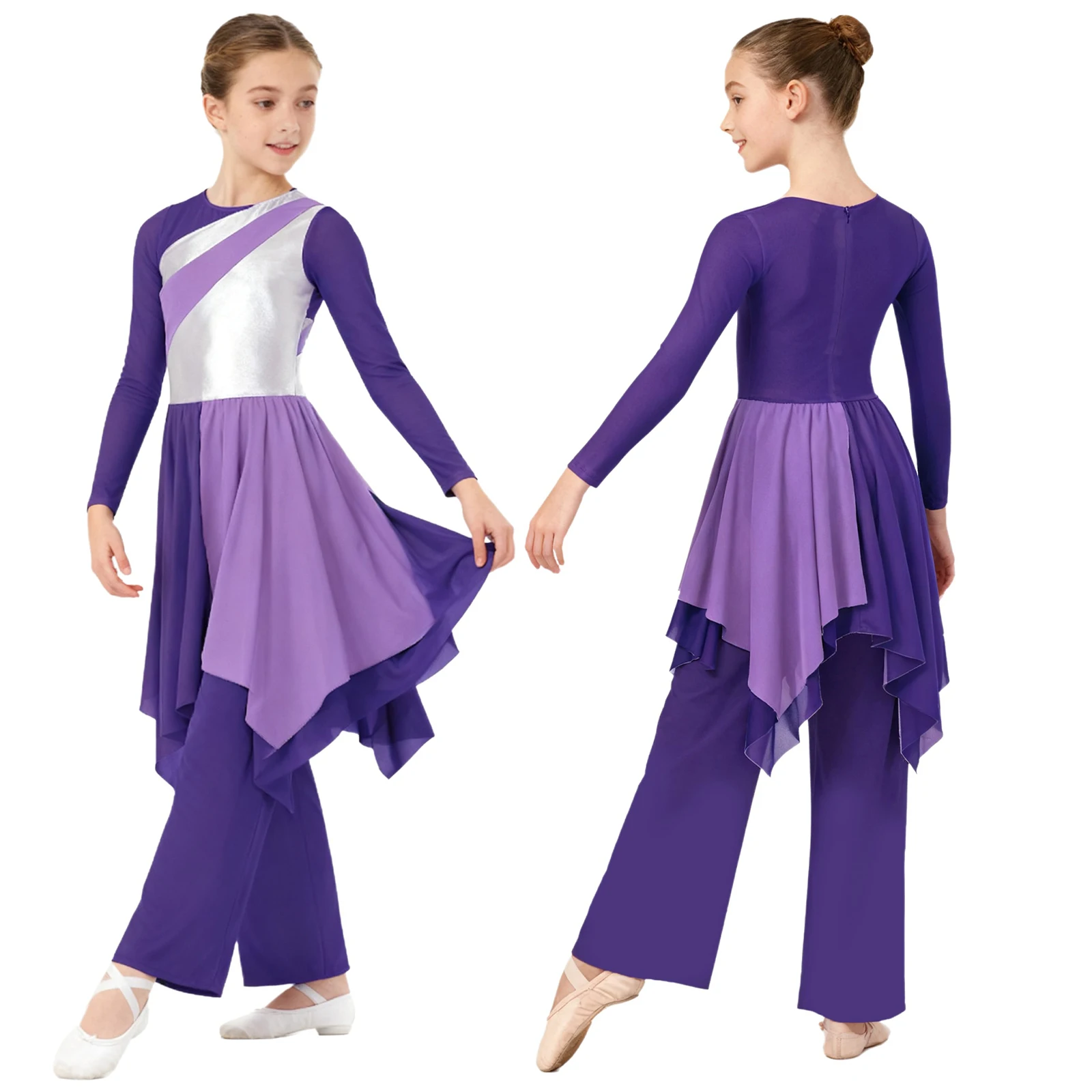 

2Pcs Kids Girls Praise Lyrical Dance Outfit Worship Performance Costume Teens Long Sleeve Asymmetrical Hem Metallic Dress+Pants