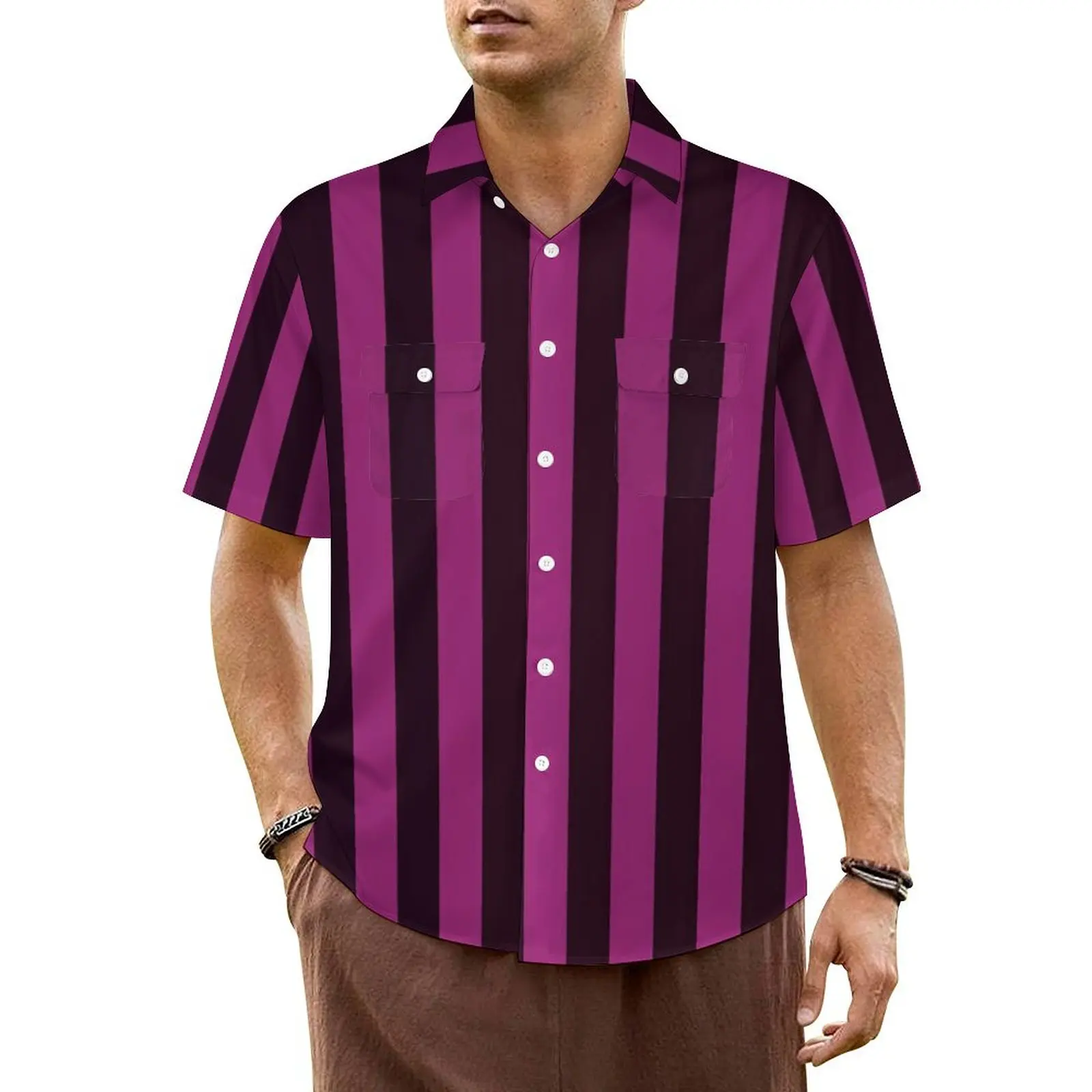 Cherry Pink Striped Vacation Shirt Male Vertical Stripes Elegant Casual Shirts Hawaiian Short Sleeve Design Oversized Blouses