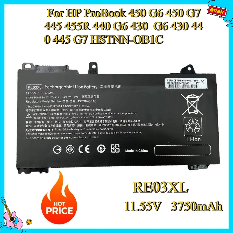 

Новый аккумулятор для ноутбука RE03XL L32407-AC1 L32407-541 для HP ProBook 450 G6 450 G7 445 455R 440 G6 430 G6 430 440 445 G7 HSTNN-OB1C