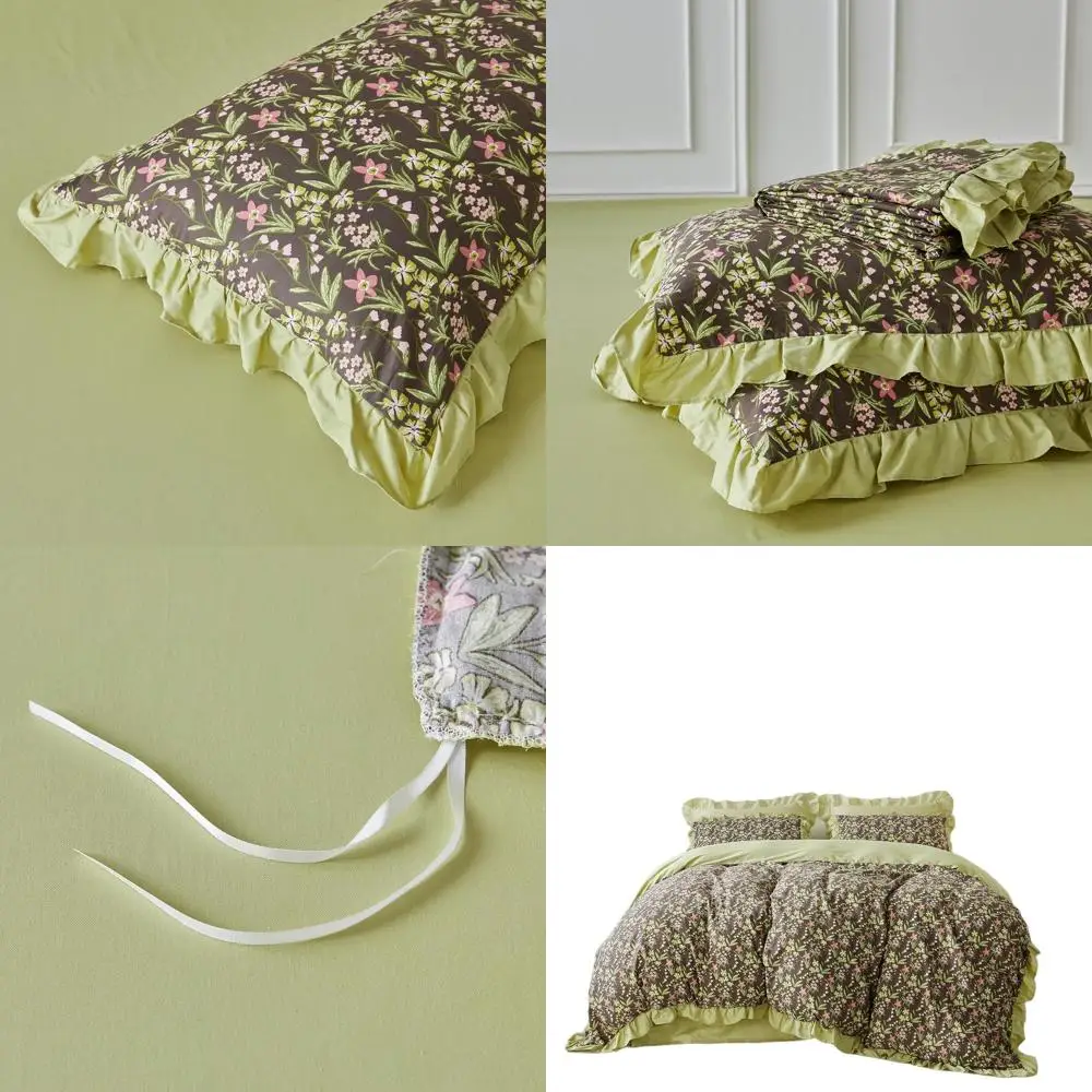 

Queen Size Sage Green Ruffle Cotton Duvet Cover Set with 1 Floral Print and 2 Pillow Shams