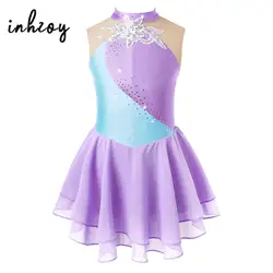 Figure Ice Skating Dress for Girls Ballet Gymnastics Leotard Floral Rhinestone Mesh Splice Skater Dance Competition Costume